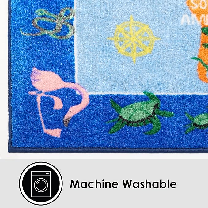 Eric Carle Elementary World Map Kids Machine Washable Area Rug Blue/Red, 35"x51"
