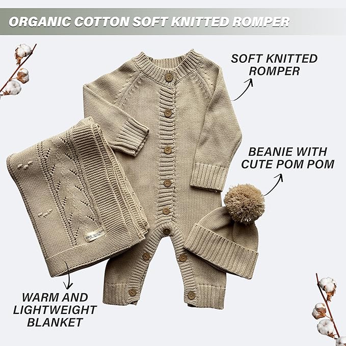 Knitted Newborn Gift Set – 100% Organic Cotton Baby Outfit & Blanket – Soft Coming Home Set (0-3M, 3-6M) – Cozy Infant Romper for Daily Wear & Photoshoot – Ropa para Bebé Recién Nacido
