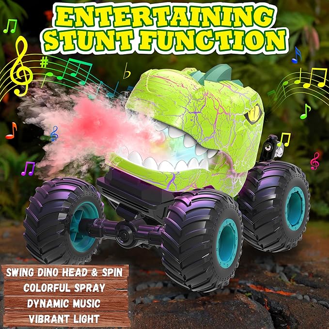 Monster Truck Toys for Boys Age 4-7, Remote Control Dinosaur Cars with Dino FlashCard, T Rex Dinosaur Toys 2 Battery, Spray, Light, Music, Remote Control Car Kids 4 5 6 7 8 Years Old Boy Gift