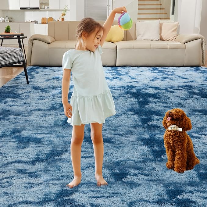 Ultra Soft Rug for Living Room, 4X5.8 Fluffy Shag Area Rug for Bedroom, Modern Shaggy Carpets Fuzzy Rug for Teens Dorm Nursery Home Decor Aesthetic, Upgrade Anti-Skid Durable, Tie-Dyed Blue Grey