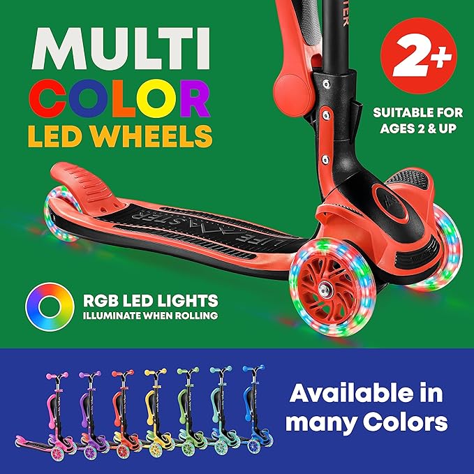 Kids Scooter – Foldable Seat – LED Wheel Lights Illuminate When Rolling – Children and Toddler 3 Wheel Kick Scooter – Adjustable Handlebar – Indoor and Outdoor- by Lifemaster