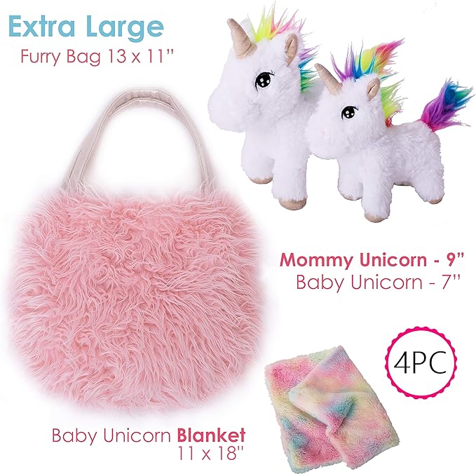 Perfectto Design Unicorn Toy for Girls Age 3-10; 4 PCS Set - Mommy and Baby Stuffed Animals, Bag and a Doll Blanket. Unicorn Gift for 3-8 Year Old Birthdays and Christmas