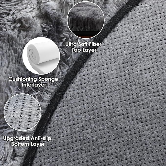 ONASAR Tie-Dyed Dark Grey Round Area Rug 4ft, Ultra Soft Bedroom Circle Rugs for Kids Girls Boys Teen, Fluffy Plush Shaggy Carpet Floor Mats for Nursery Dorm Living Room Office Home Decor