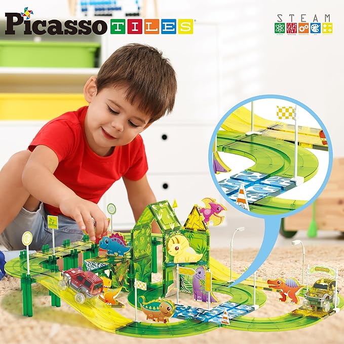 PicassoTiles Dinosaur Magnet Tile Race Car Track with 8 Magnetized Action Figures 2 Cars Accessory Street Sign Kit Magnetic Tiles Construction Building Block Pretend Play Education Toy Ages 3+ PTR02