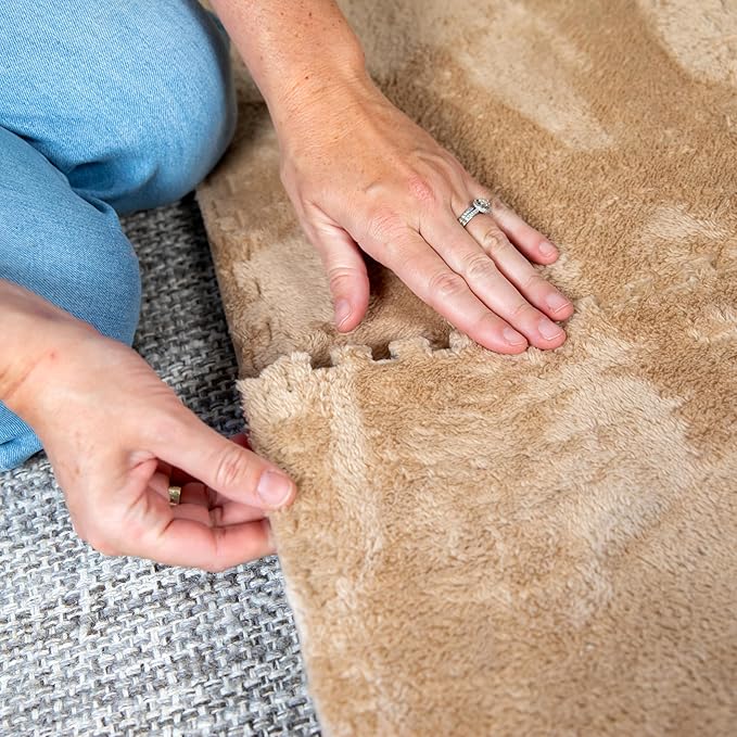 16 Piece Carpet Squares Puzzle Mat 49" x 49" Plush Interlocking Carpet Tiles, Foam Floor Tiles for Baby Play Mat - Kids Soft Play Floor Mats, Anti Slip Jigsaw Flooring Playmat Playroom Rug (Brown)