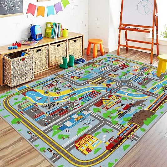 Capslpad Kids Rug 6'6" x 5'0" Educational Learning Kids Play Area Rug Large Traffic Road Cars Rug Play Mat for Kid Toy Nursery Rug Kid Car Carpet for Playroom Living Room Classroom Decor, Sky Blue