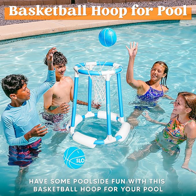 Sloosh Pool Basketball Hoop Set, Floating Basketball Pool Game, Swimming Floats Toys with Balls Pump, Summer Outdoor Water Play Toy for Kids and Adults (Blue)