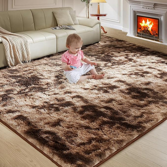 Ultra Soft Rug for Living Room, 6X9 Fluffy Shag Area Rug for Bedroom, Modern Shaggy Carpet Fuzzy Rug for Teens Dorm Nursery Home Decor Aesthetic, Upgrade Anti-Skid Durable, Tie-Dyed Coffee