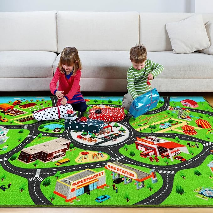 Kids Car Rug Play Mat - Extra Non-Slip Traffic Road Carpet for Playroom, Boys Bedroom, Classroom - City Map Educational Mat (78.7X59 Inch)