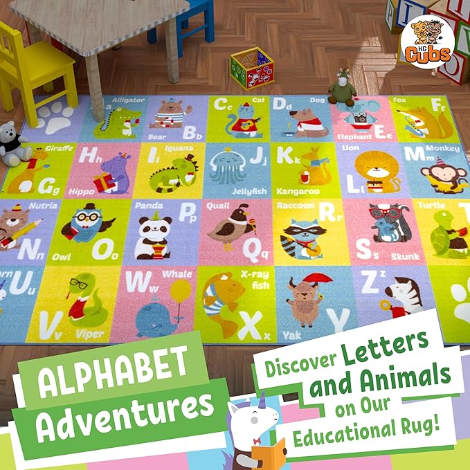 KC CUBS ABC Alphabet Animal Educational Learning & Fun Game Play Area Non Slip Boy & Girl Kids Rug Carpet for Children Bedroom, Toddler Classroom Daycare and Baby Playroom Floor Mat, Playtime Activity