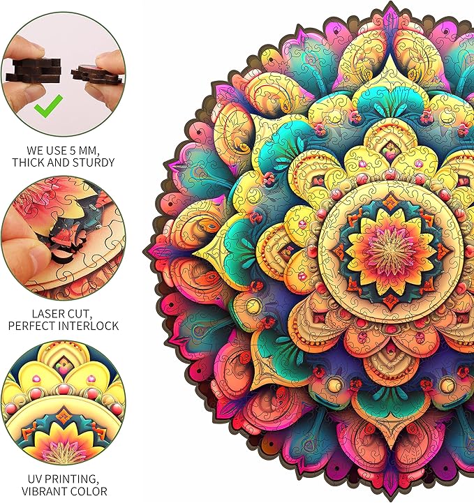 Unique Wooden Jigsaw Puzzles - Flower Mandala, 200 Pcs Medium Size 10.7'' x 10.6'', Luxurious Shaped Wood Puzzle, Beautiful Package, Best Gift for Adults and Kids, Family Game