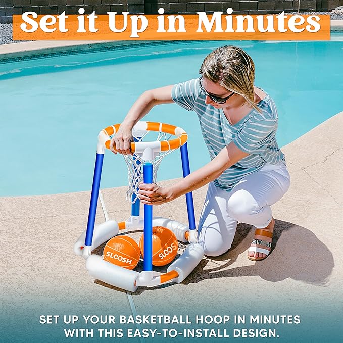 Sloosh Pool Basketball Hoop Toys, Floating Basketball Pool Game, Swimming Floats Toys with Balls Pump, Summer Outdoor Water Play Toy for Kids and Adults (Blue Orange)