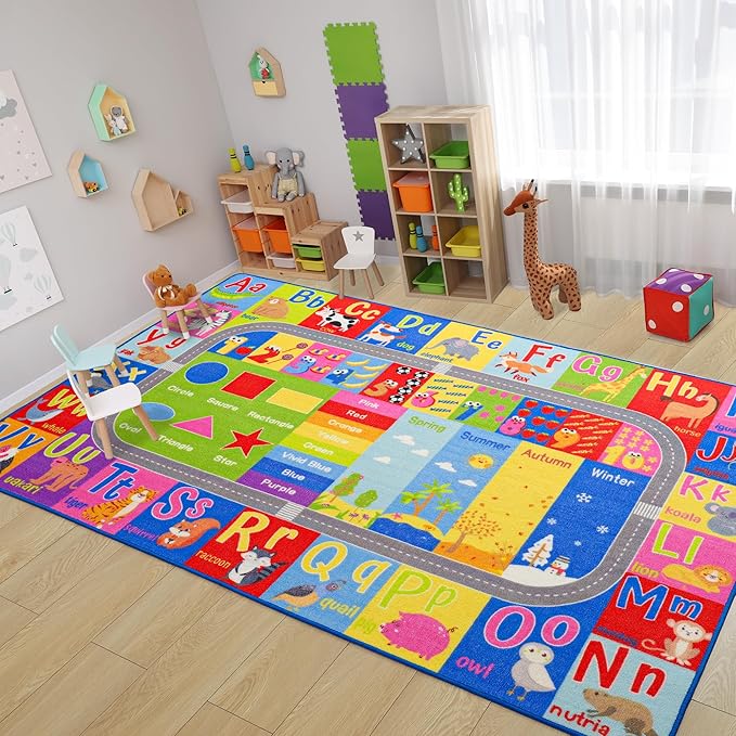 Kids Rug for Playroom Classroom, ABC Alphabet Numbers Play Toddlers Rugs, 4x6 Learning Educational Bedroom Floor Mat, Washable Baby Carpet for Boys Room, Nursery, Preschool, Daycare