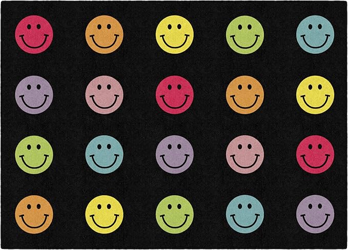 Flagship Carpets Schoolgirl Style Rainbow Smileys in Black Criss-Cross Applesauce Educational Area Rug for Kids Room, Children's Classroom for Teaching and Playroom, 5' x 7'6", Black & Multi, Seats 20