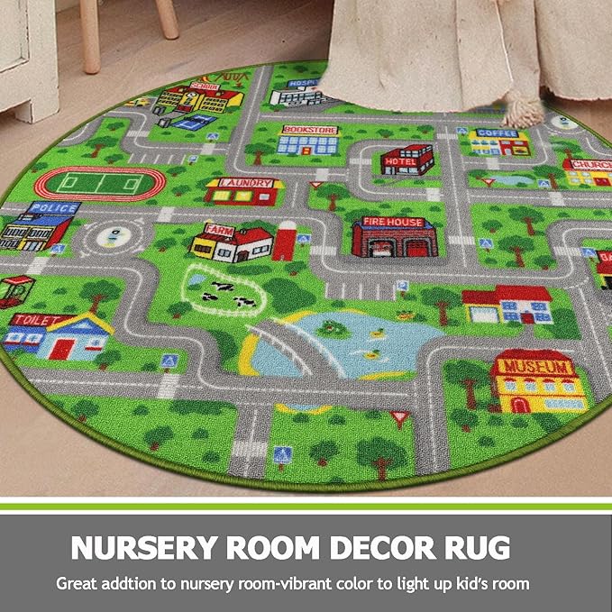 Capslpad Green Car Road Kid Rug Carpet Playmat for Playoom Traffic Road Kids Play Mat for Toddler Non Slip Washable City Map Race Track Carpet Rug for Kids Room Bedroom Nursery Room Decor,4'x4'