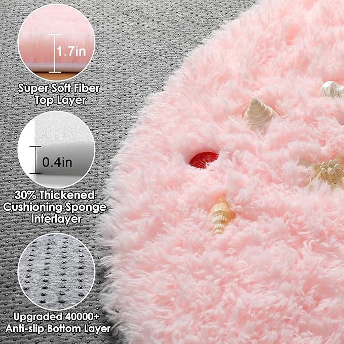 ONASAR Light Pink Round Area Rugs 3ft for Bedroom Living Room, Fluffy Cat Dog Bed Mat, Washable Circle Rug for Kids Girls Boys Teen, Soft Plush Shaggy Carpet for Nursery Dorm Home Decor Aesthetic