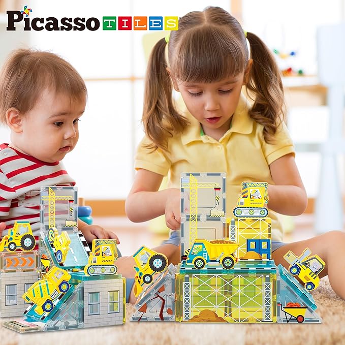PicassoTiles Magnet Tile Building Blocks Printed Construction Themed Toy Set with 8 Character Action Figure Vehicles Magnetic Tiles STEM Brain Development Learning Toys for Toddlers Kids Ages 3+ PTQ21