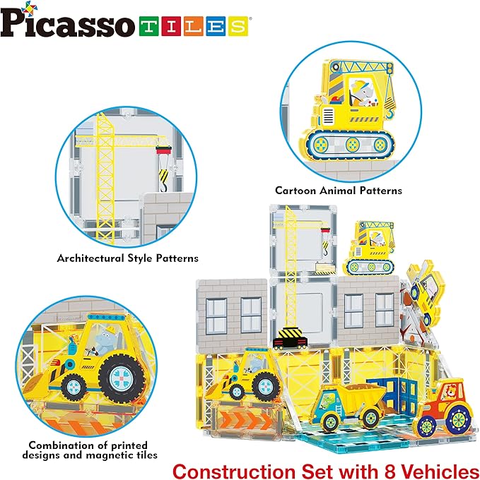 PicassoTiles Magnet Tile Building Blocks Printed Construction Themed Toy Set with 8 Character Action Figure Vehicles Magnetic Tiles STEM Brain Development Learning Toys for Toddlers Kids Ages 3+ PTQ21