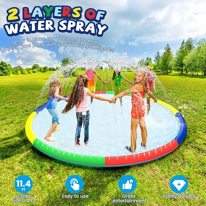 11.4 FT Large Splash Pad for Kids Ages 4-8, Non-Slip Baby Splash Pads for Toddlers, Oversized Kids Sprinklers for Yard, Heavy Duty Kid Pools Water Toys for Outdoor Family, Friends Summer Fun