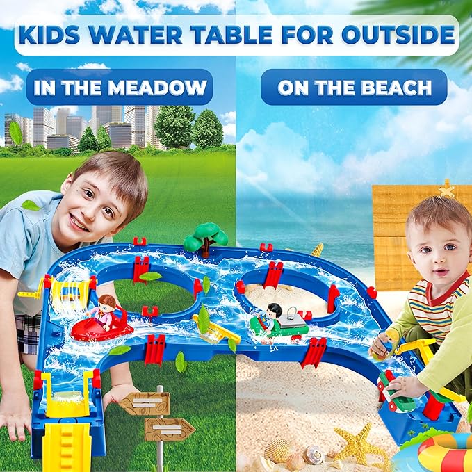 SANCO Water Table for Toddlers - Kids Water Track Playset 61PCS DIY Table Beach Toy on Backyard, Lawn, Pool - Water Toy with 4 Boats, Summer Outside Activity Funs for Toddler