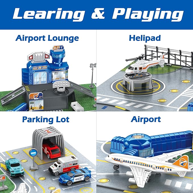 Airplane Toy Set with Trucks, Helicopter, Planes, Signs and Airport Playmat, Interactive Early Learning Toys for Boys Girls, Great Gift for Birthday