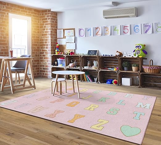 Flagship Carpets Schoolgirl Style Pink Pastel Alphabet Criss-Cross Applesauce Educational Area Rug for Kids Room Seating Décor, Children's Classroom, Play Carpet for Teaching and Playroom, 7'6" x 12'