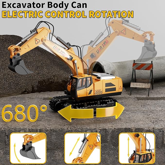 Remote Control Excavator, 12 Channel RC Excavator Construction Toys for Boy with Light&Sounds&Shovel, 680-degree Turn RC Digger Christmas Birthday Gifts for Boys Girls Kids Age 6 7 8-12 Year Old