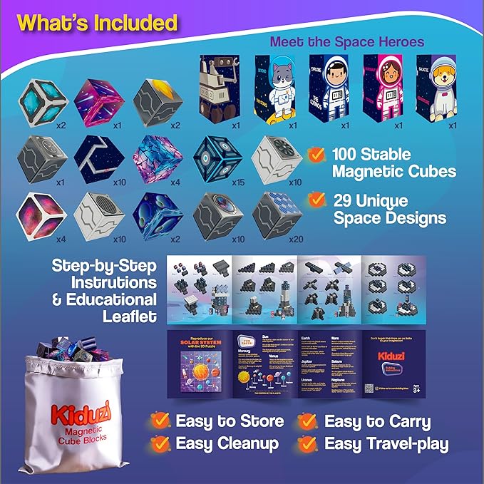 Magnetic Building Blocks – Space Adventure Edition - 100-Piece STEM Toy for Kids 3-10+ - Creative - Screen-Free Fun - 1 inch Strong Magnets, Durable & Travel-Friendly - Great Gift for Boys & Girls