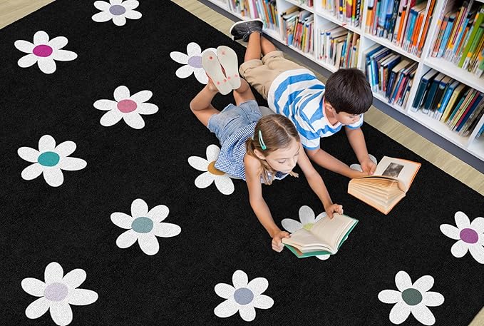Flagship Carpets Schoolgirl Style Daisies on Black Criss-Cross Applesauce Educational Area Rug for Kids Room, Children's Classroom, Play Carpet for Teaching and Playroom, 5' x 7'6", Seats 20