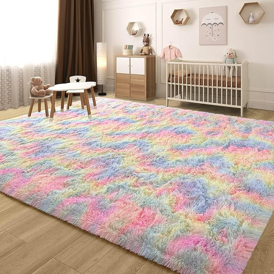 Rainbow Fluffy Rug for Girls Bedroom Soft Carpet, 4x6 Unicorn Rainbow Rug Cute Shag Area Rugs for Dorm Classroom Living Room Baby Toddler Kids Girls Room Nursery, Colorful Kawaii Home Decor