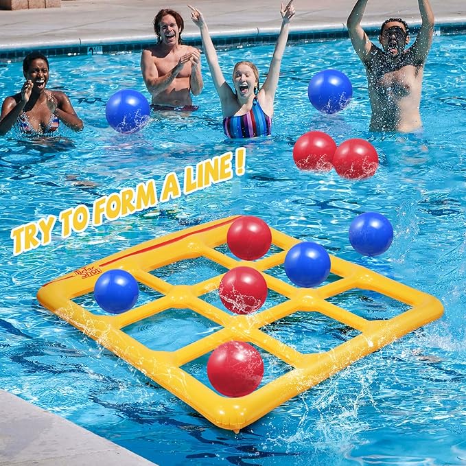 Pool Toys Games Set- Tic-Tac-Toe Inflatable Pool Toy with 10 Balls - for Adults Teens Kids 2-10 Players