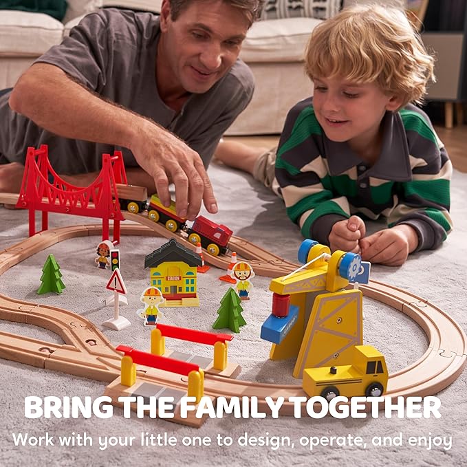 60PCS Wooden Train Set - Construction Express, Engineering Railway with Magnetic Crane, Trains & Accessories, Perfect Christmas Birthday Party Toy Gift for Kids Toddlers Boys Girls Ages 2-8