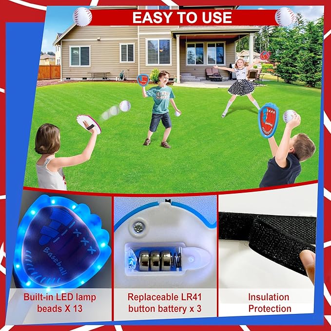 Toss and Catch Ball Game Set,Light-Up Kids Baseball Glove Sticky Mitt, Velcro Ball and Catch Games for Kids Ages 3-12, Football & Baseball Camping/Yard/Outdoor Sports Toy,Outdoor Game for Kids