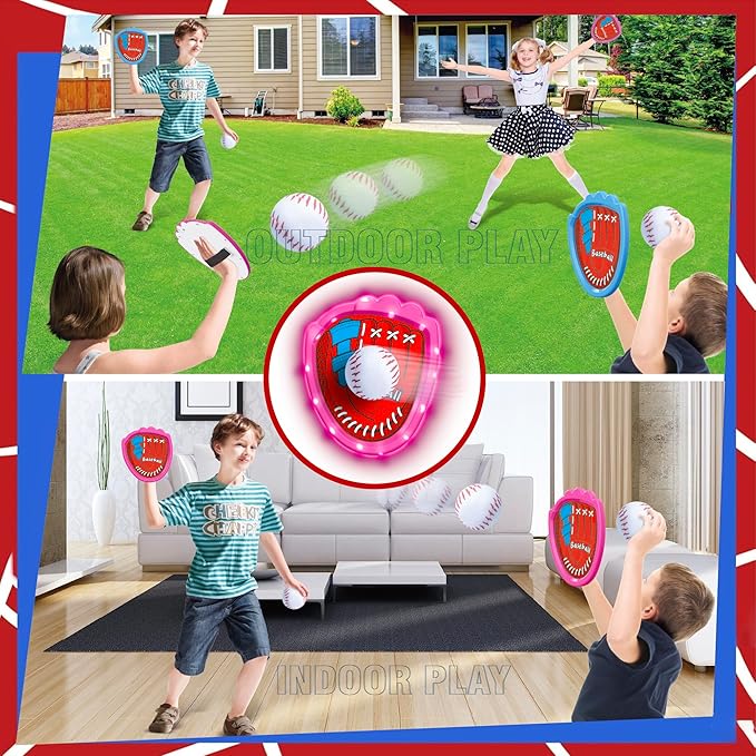Toss and Catch Ball Game Set,Light-Up Kids Baseball Glove Sticky Mitt, Velcro Ball and Catch Games for Kids Ages 3-12, Football & Baseball Camping/Yard/Outdoor Sports Toy,Outdoor Game for Kids