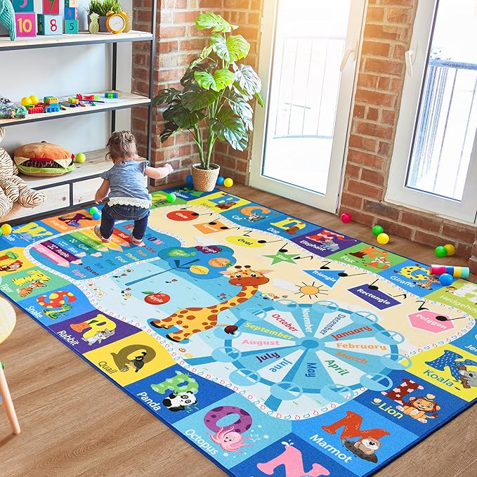 Kids Playroom Rug 4x6 Blue Rugs for Boys Girls Bedroom Child Play Mat Educational and Fun Baby Care Rugs,Learning Rug with ABC Alphabets Animals Shapes No-Slip Carpets for Children Toddler Washable