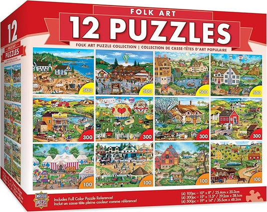 MasterPieces – Jigsaw Puzzle 12-Pack Bundle Set, Fun for Adults and Family, Folk Art Collection, (4) Round 100 Piece, (4) 300 Piece, (4) 500 Pieces