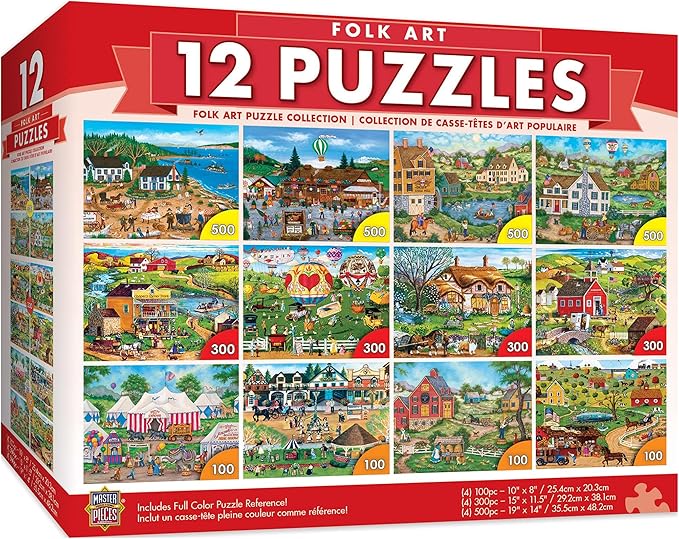 MasterPieces – Jigsaw Puzzle 12-Pack Bundle Set, Fun for Adults and Family, Folk Art Collection, (4) Round 100 Piece, (4) 300 Piece, (4) 500 Pieces