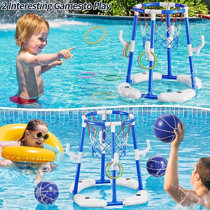 2 in 1 Pool Basketball Hoop Game for Kids Ages 3 4 5 6 7 Year Old, Floating Pool Toys with 4 Balls, Tossing Game, Summer Outdoor Swimming Water Play, Cool Party Gifts for Kids Adults Age 3-12