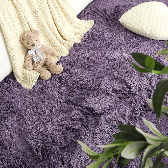 LOCHAS Luxury Round Fluffy Area Rugs for Bedroom Kids Girls Room Nursery, Super Soft Circle Rug, Cute Shaggy Carpet for Children Living Room, 4x4 Feet Grey Purple