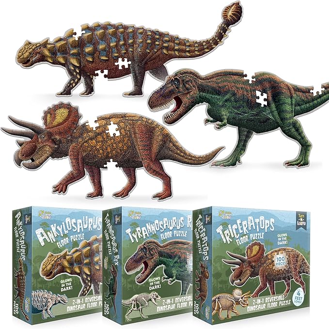 Tyrannosaurus Rex, Triceratops and Ankylosaurus Dinosaur Puzzle Bundle | 100-Piece Each with Glow-in-The-Dark Skeleton On Other Side | 4 FT Scientifically Accurate Dino Illustration