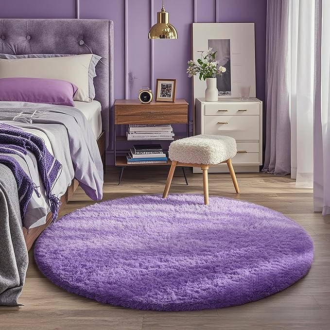 Ophanie Round Rug 4Ft Purple Circle Area Rug, Cute Room Decor for Teen Girls, Fluffy Fuzzy Bedroom Carpet, Plush Soft Shaggy Living Room Rugs for Kids Home Decor Aesthetic, Nursery