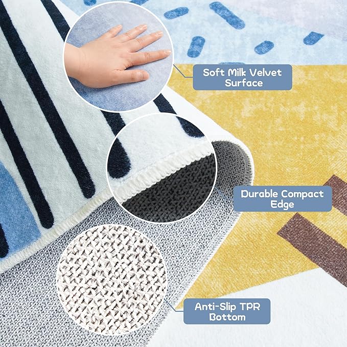 Tepook Blue Area Rug for Living Room, 5x7 Indoor Carpet for Bedroom Washable, Non-Slip Abstract Print Kids Rug for Nursery Playroom Classroom Dorm Office Dining Room