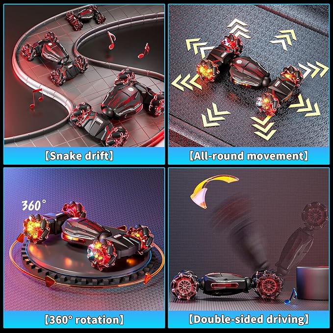 4WD Remote Control Car for Boys,2.4GHz Gesture Sensing Drift RC Cars,360°Flips Off-Road Hand Controlled RC Stunt Car with Lights Music,Toy Car Birthday Gifts for Boys Kids Age 6+ (Red