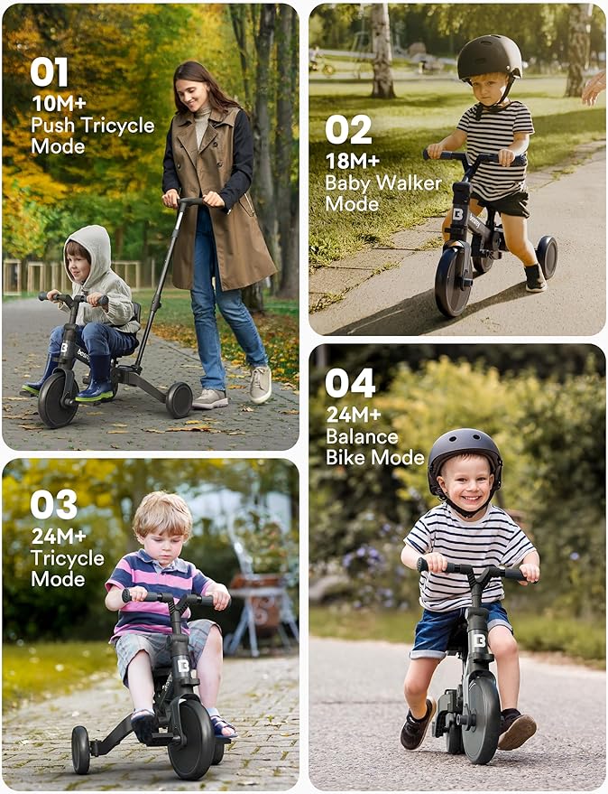 besrey 5 in 1 Toddler Bike, Toddler Tricycle for 1-3 Year Old, Trike with Push Handle, Backrest and Safety Belt, Birthday Gifts and Toys for Boys and Girls, Balance Bike