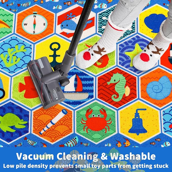 Kid Rug Ocean Sea Play Mat, 59"×39.4" Educational Baby Playmat for Playroom Primary School Nylon Surface Non-Slip Latex Backing Preschool Rugs for Classroom Learning Area