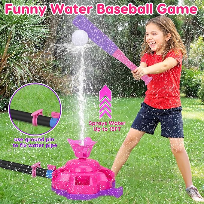 4-in-1 Sprinkler Toys for Kids Water Outdoor Baseball Rocket Launcher Rotating Water Spray Sprinklers Toys Toddler 4-8 8-12 Year Old Summer Backyard Garden Lawn Pool Outside Water Play Game Ages 3-5