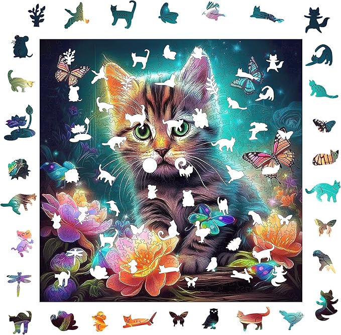 Wooden Puzzles, Kitten in Dream Wooden Jigsaw Puzzles 500 Piece, Unique Luxurious Shaped Wood Puzzle for Adults and Kids, Best Gift for Birthday 11.2 x 11.2 Inch