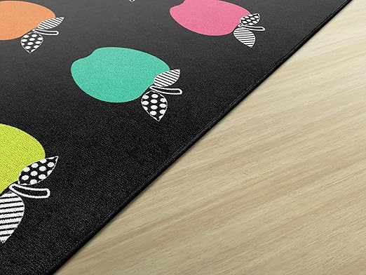 Flagship Carpets Schoolgirl Style Stylish Black & White Brights Apple Sit Spot Classroom Area Rug for Indoor Classroom Learning or Kid Bedroom Educational Play Mat, 5'x7'6", Multi