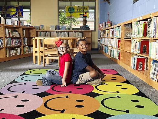 Flagship Carpets Schoolgirl Style Big Rainbow Smiley Faces Educational Area Rug for Kids Room Seating Décor, Children's Classroom, Play Carpet for Teaching and Playroom, 7'6" x 12', Black & Multi