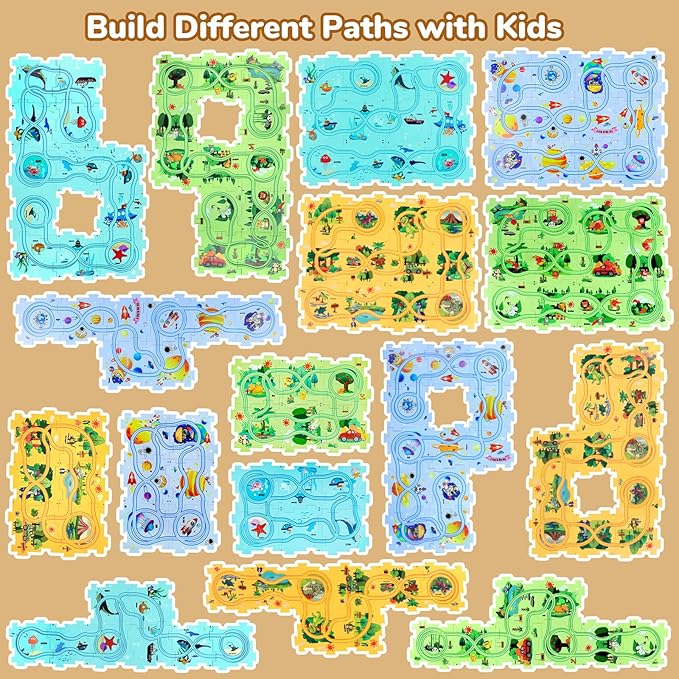 Puzzle Racer Kids Car Track Set, Kids Toys Boys 3-5, Toys for 2 3 4 5 6 Year Old Boys, Toys for Ages 2-4, Montessori Toys for 3+ Year Old, Fat Brain Toys(100Pcs, 4 Themes)